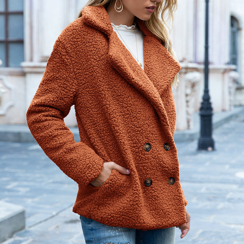 Women's fluffy plush casual coat button-front wide collar relaxed fit warm winter outerwear