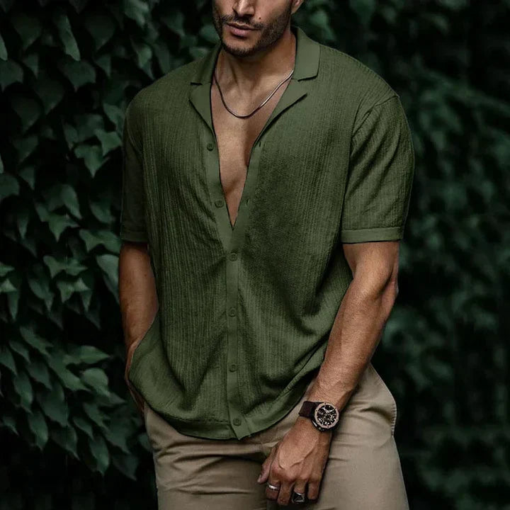 Men's relaxed-fit linen cotton short sleeve shirt, lightweight open-collar summer casual style
