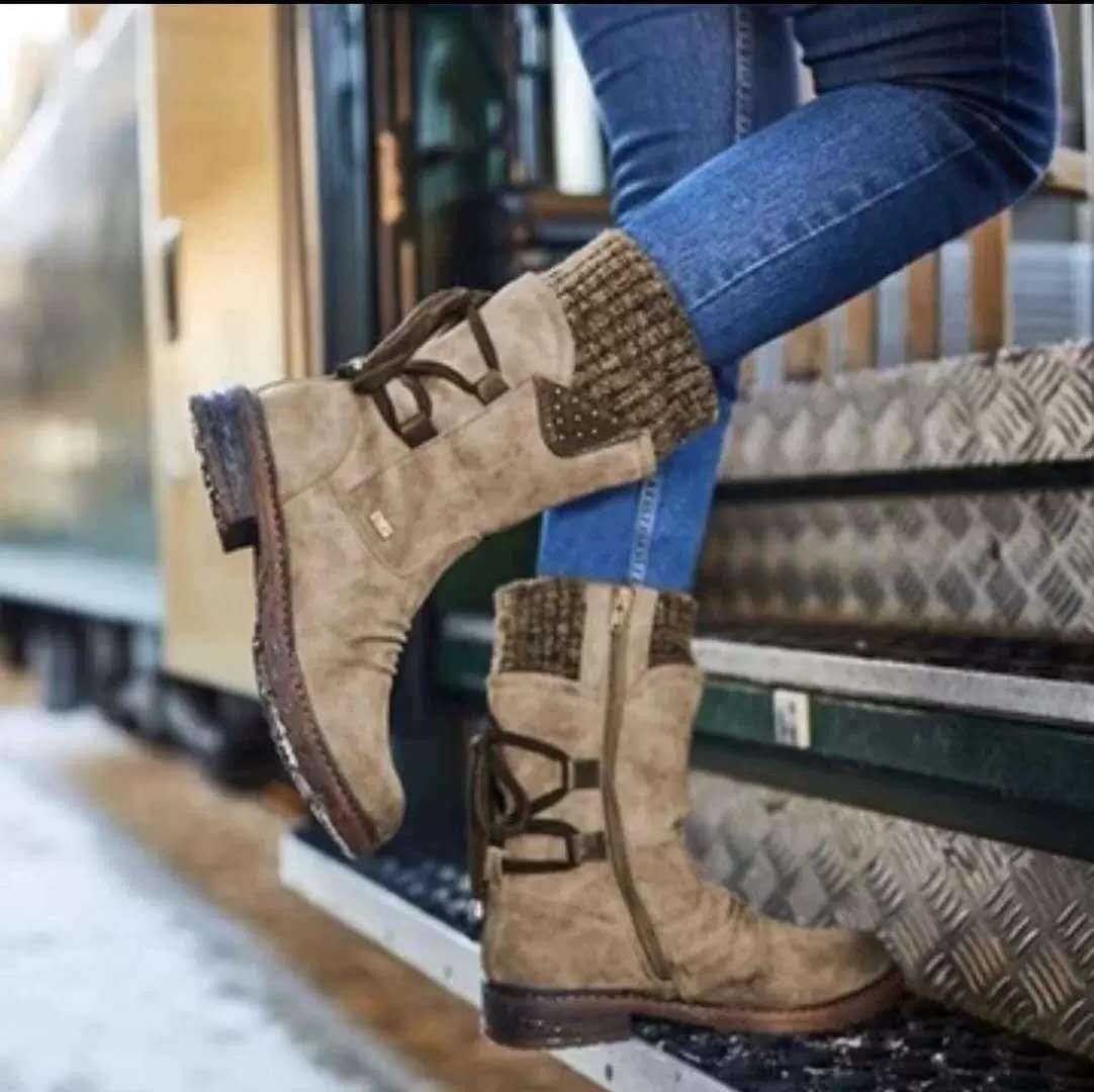 Women's purple leather insulated ankle boots with cozy knit trim detail for winter style