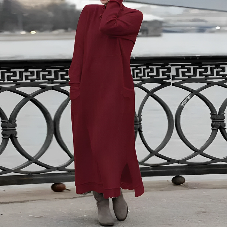 Women's black long sleeve knit maxi dress relaxed draped silhouette high neckline side slit pockets