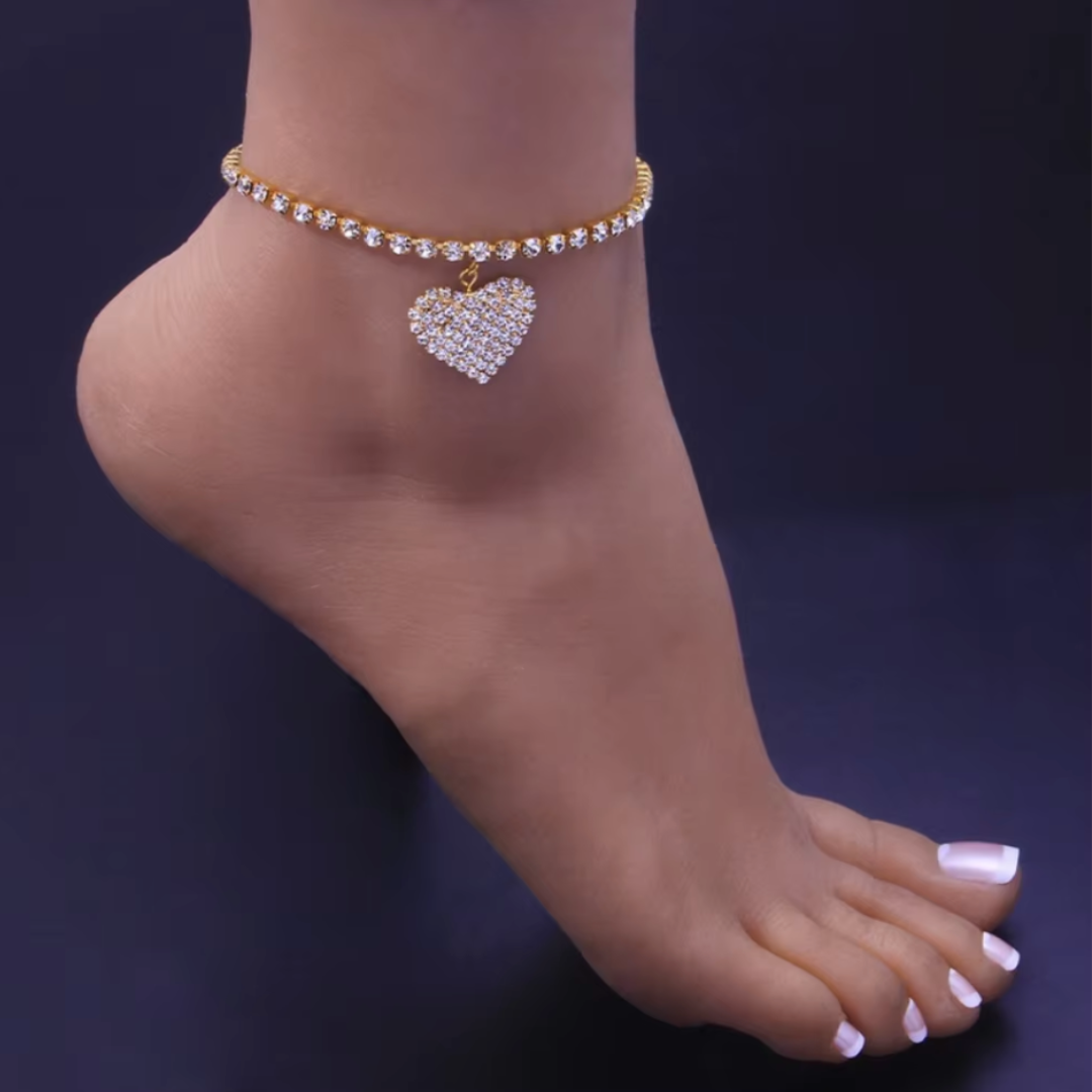 Adjustable sparkling crystal chain anklet with floating heart charm, lightweight delicate gift for her