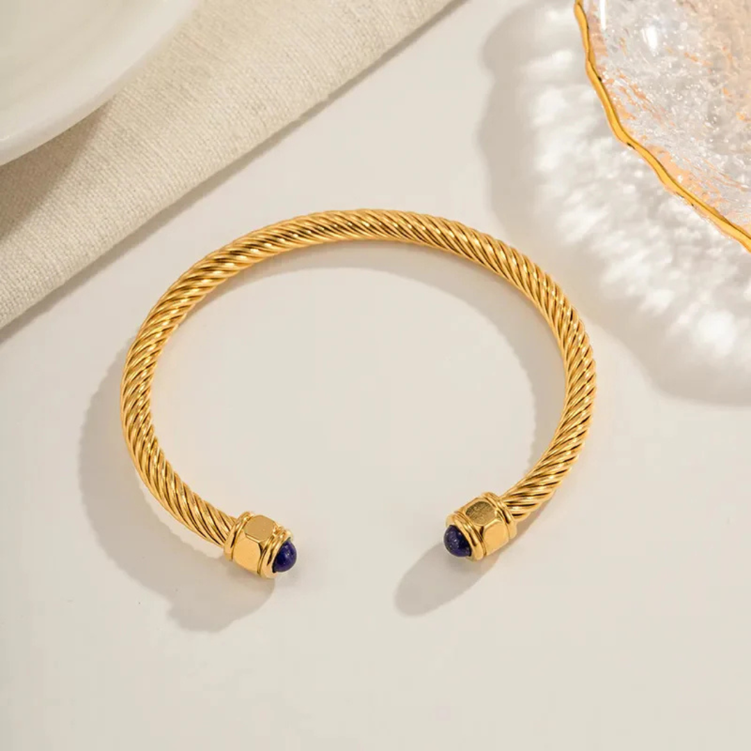 18K gold plated rope bracelet with twisted texture band and natural stone ends for women