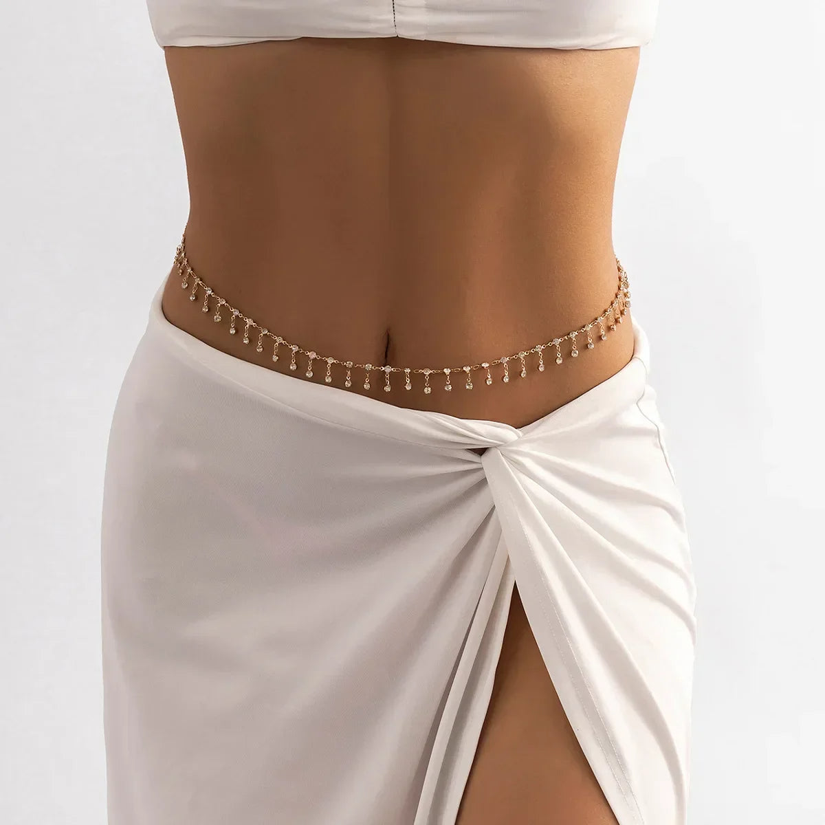 Euphoria double-layer gold-plated waist chain with crystals, hypoallergenic, for swimwear and crop tops