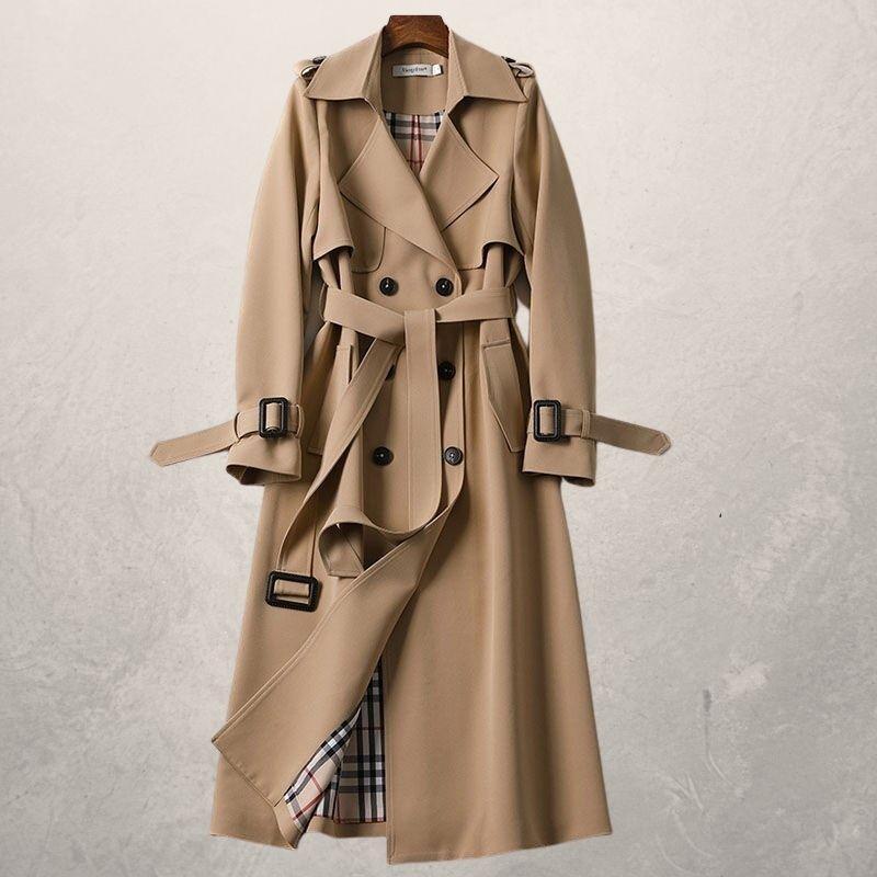 Women's elegant double-breasted wrap coat with adjustable belt, soft warm fabric, polished silhouette
