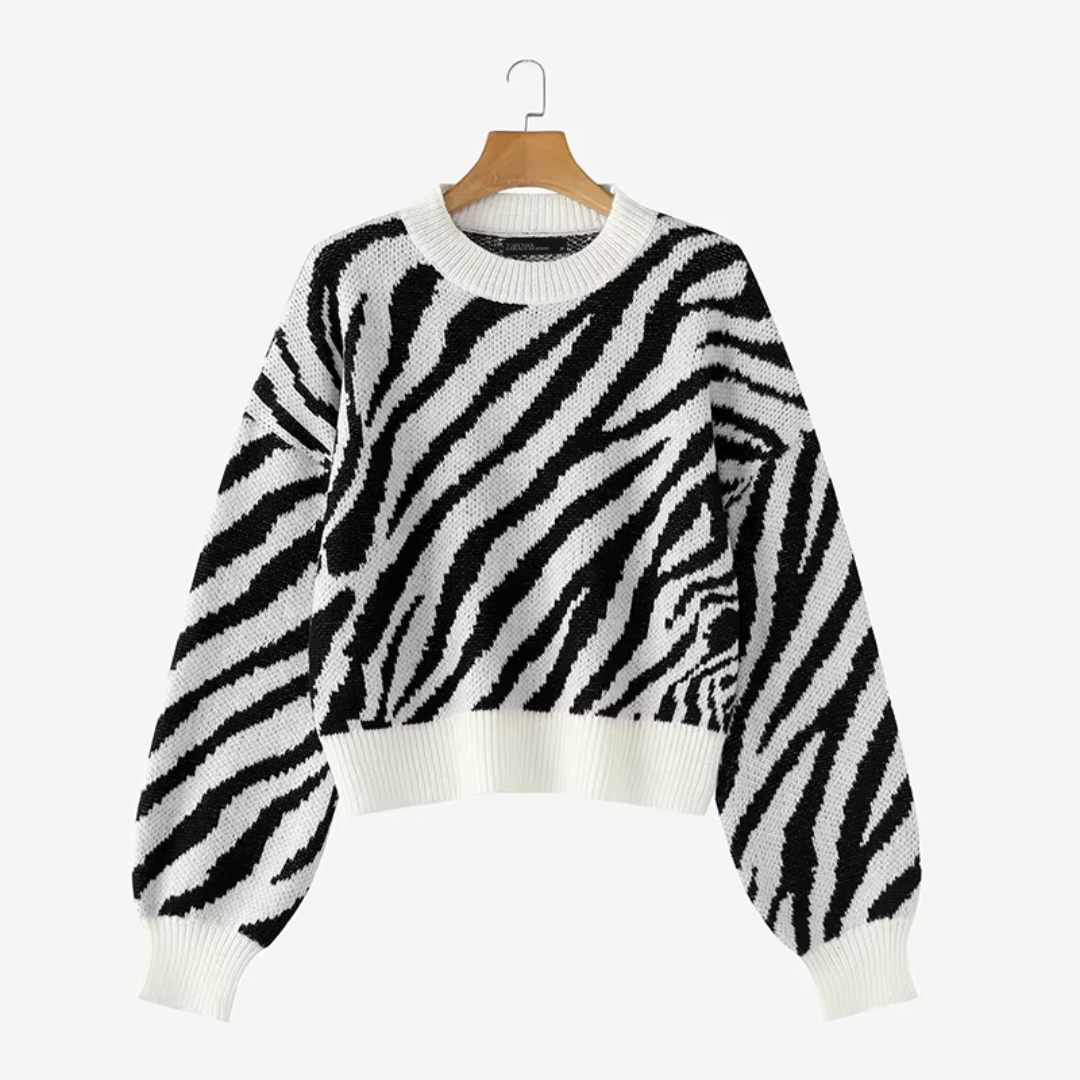 Women's zebra striped oversized knit sweater in black and white with plush soft relaxed fit