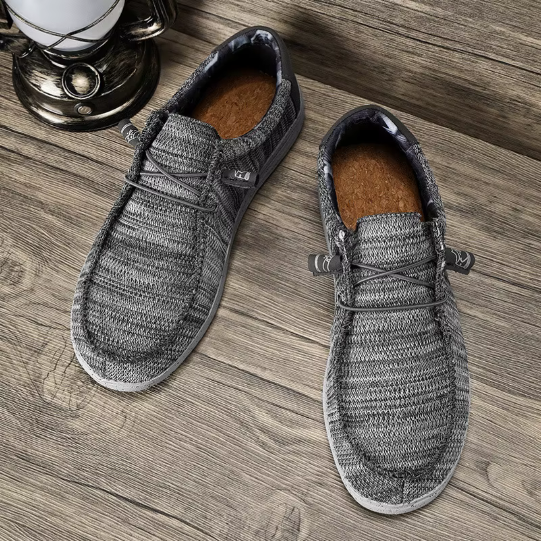 Men's textured canvas sneakers in neutral tones with cushioned insole and flexible outsole