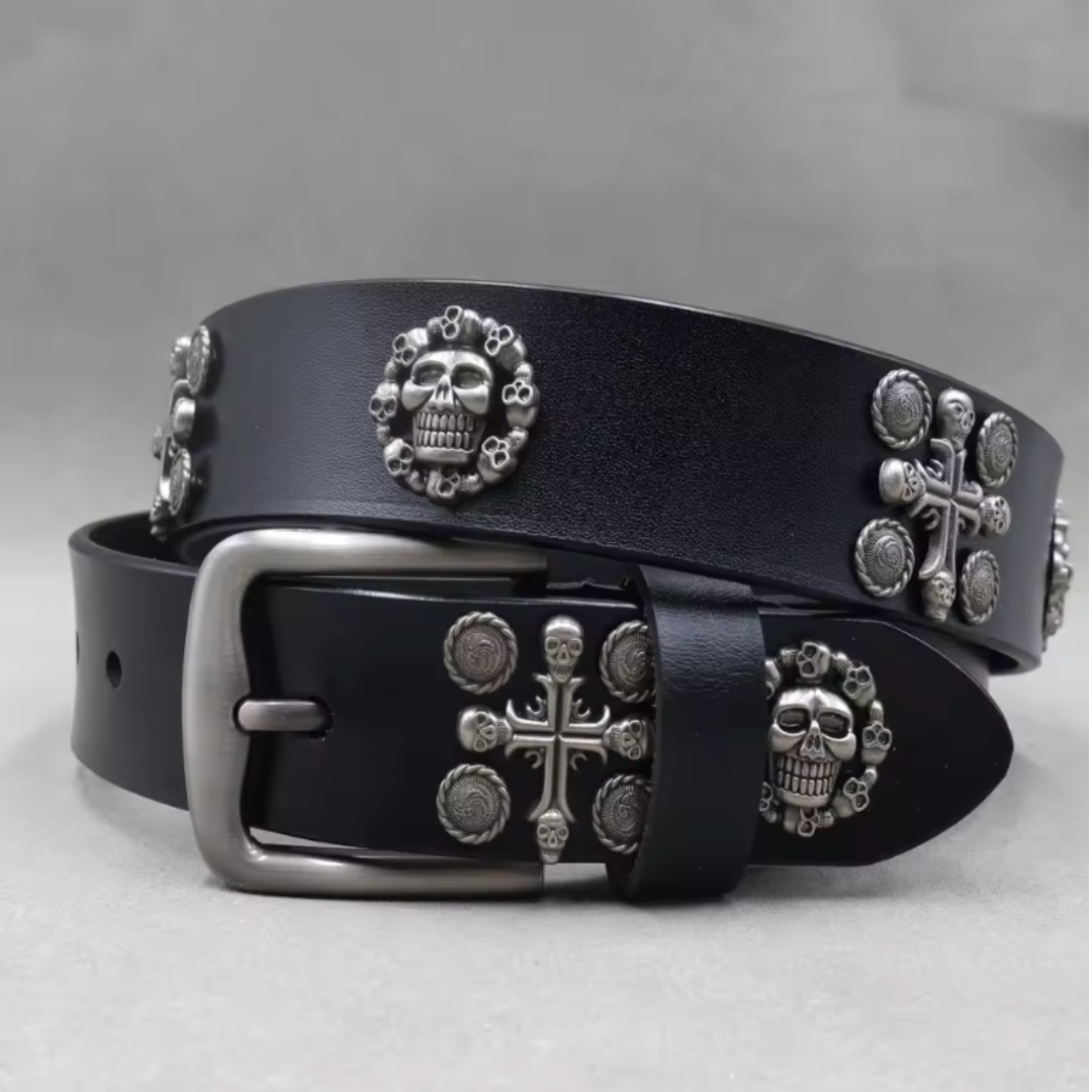 Men's black full-grain leather belt with silver skull studs and adjustable rugged buckle