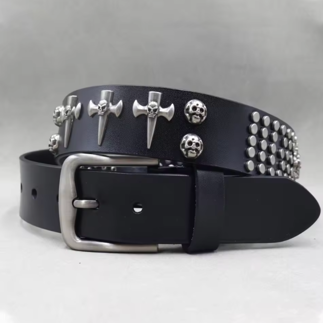 Men's black full-grain leather belt with silver skull studs and adjustable rugged buckle