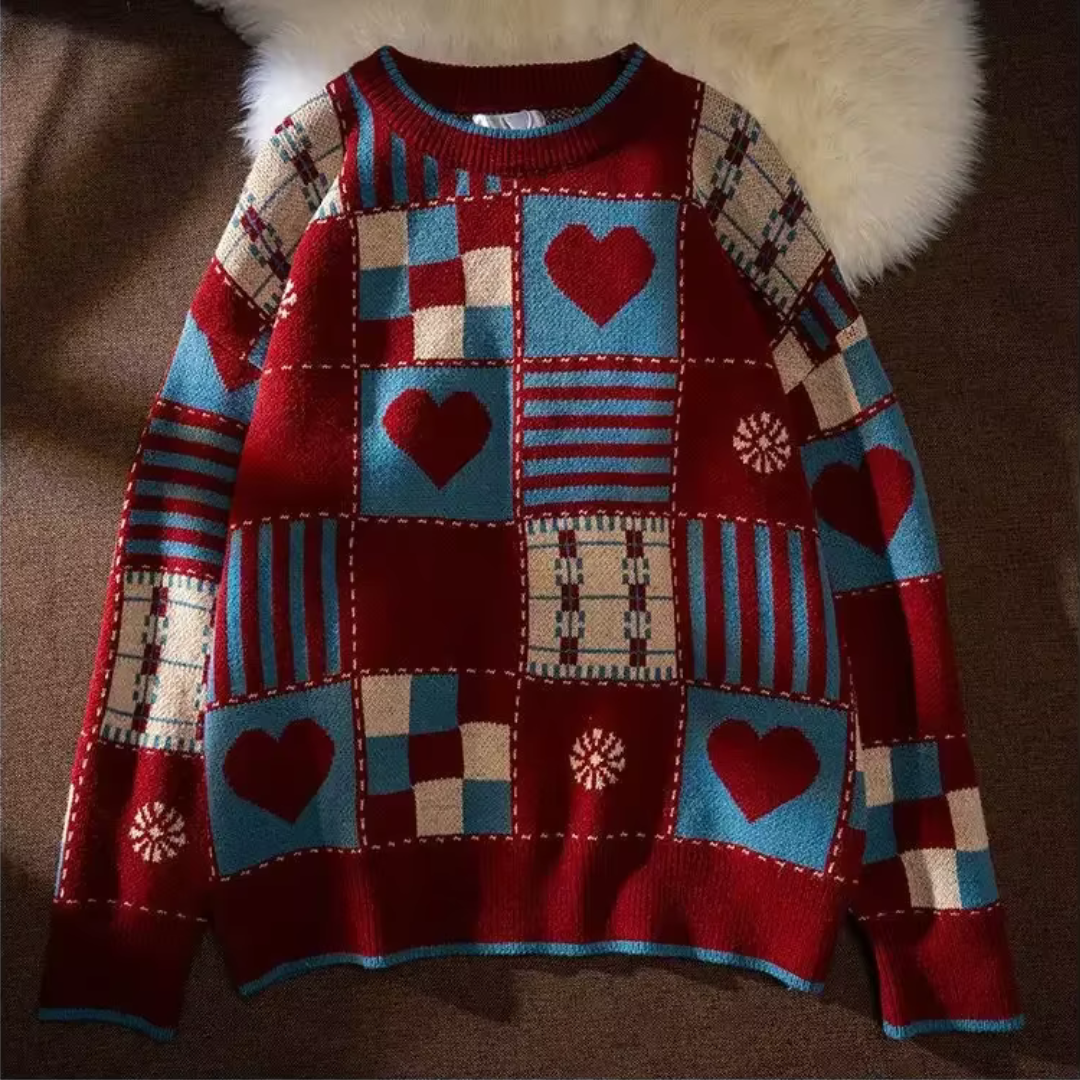 Women's patchwork wool pullover sweater in multicolor with heart motifs and vintage geometric knit design