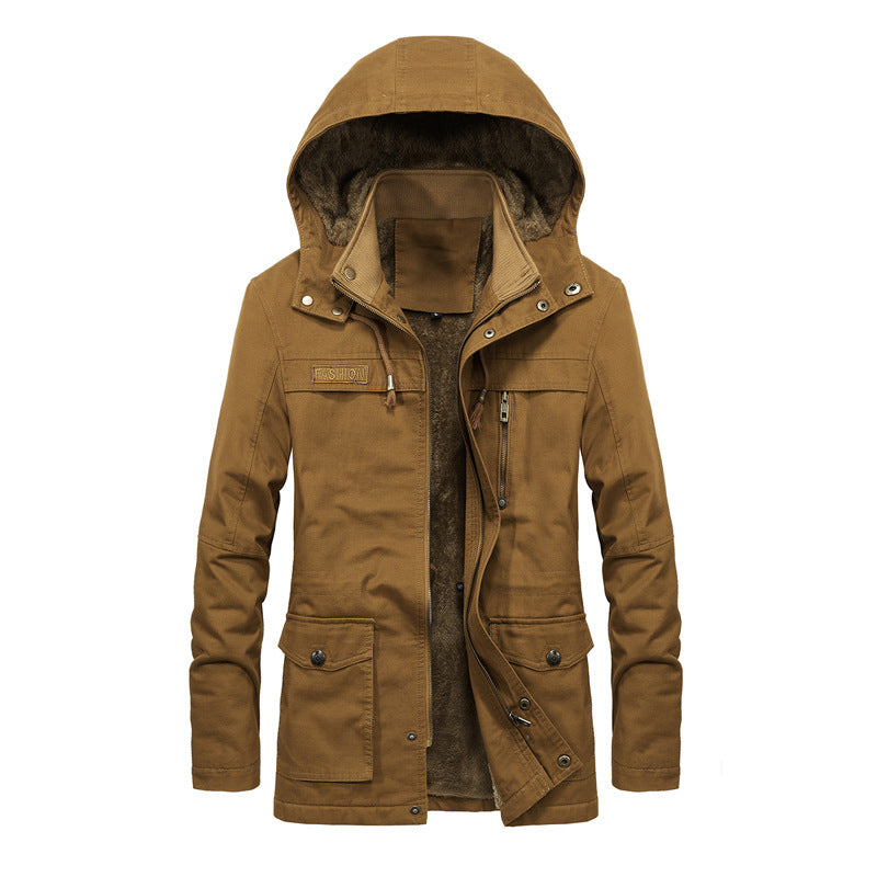Men's relaxed-fit hooded sherpa-lined jacket with multi-pocket utility design for casual outdoor wear