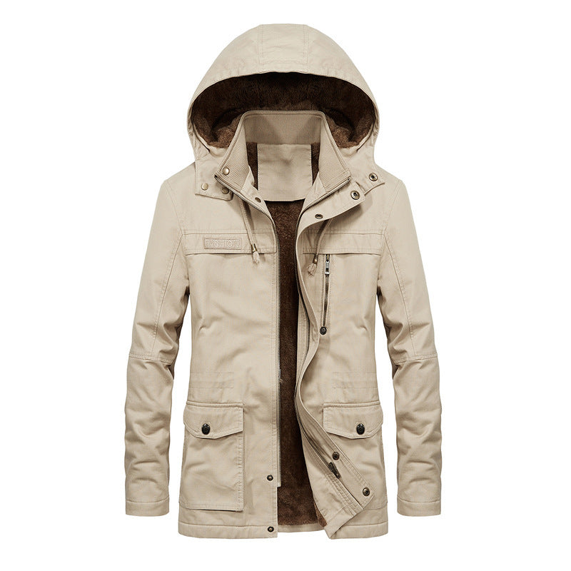 Men's relaxed-fit hooded sherpa-lined jacket with multi-pocket utility design for outdoor casual wear