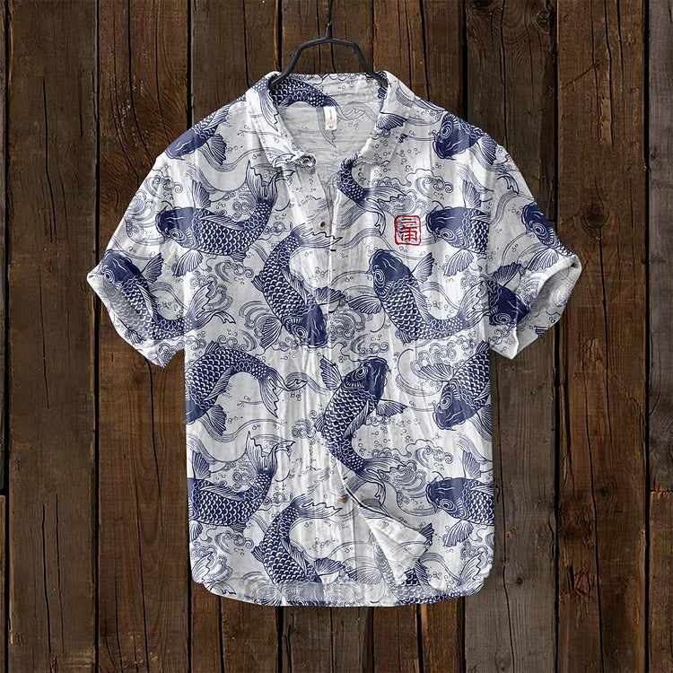 Beige linen blend shirt Japanese vintage fish art print relaxed fit unisex fashion-forward design