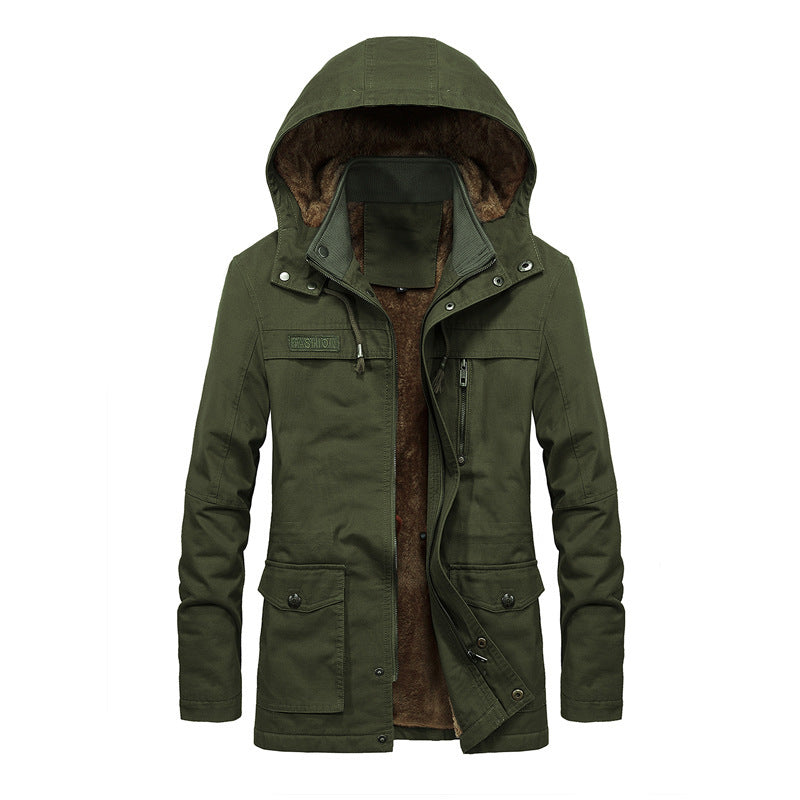 Men's relaxed-fit hooded sherpa-lined jacket with multi-pocket utility design for outdoor warmth