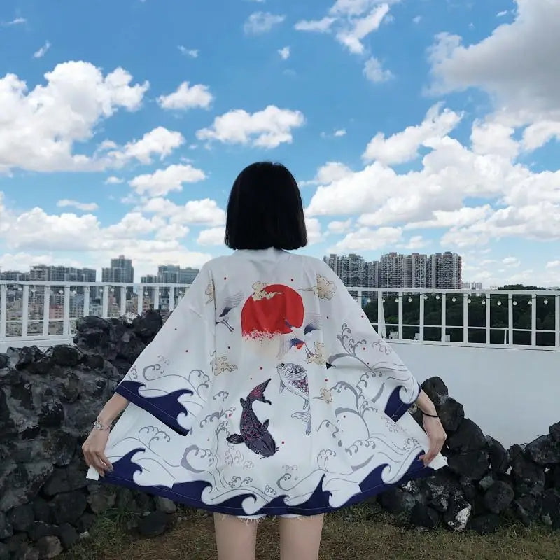 Rim-pink kimono jacket women loose flowing silhouette with elegant Japanese bird pattern print