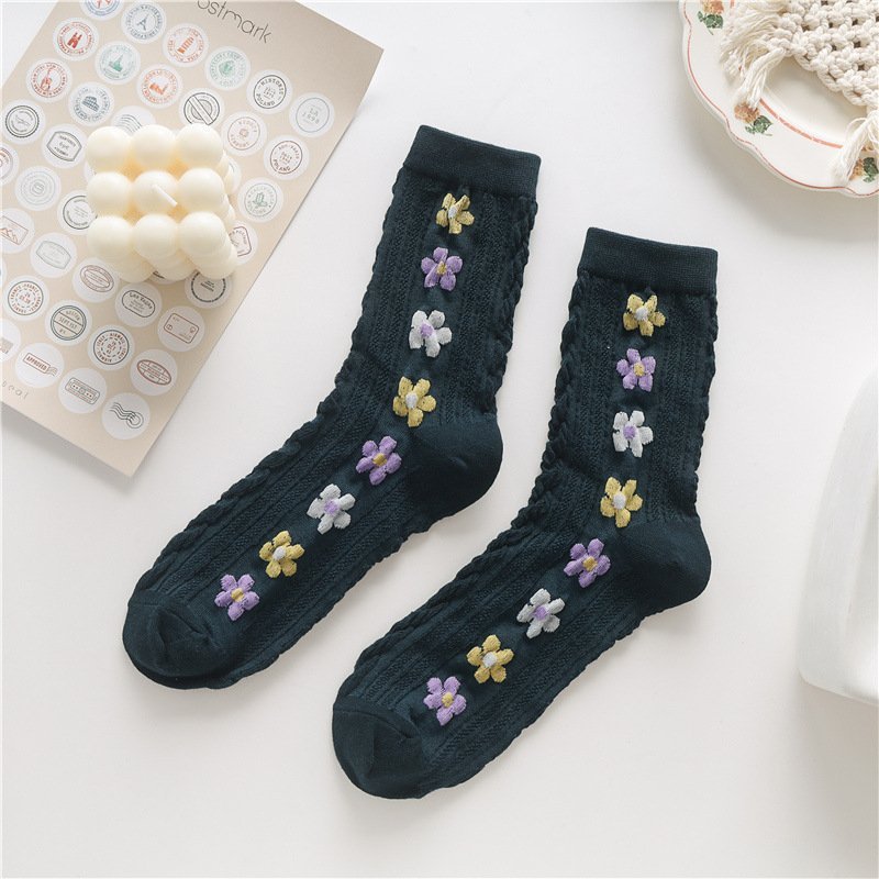 Women's ribbed cotton mid-crew socks set with delicate floral embroidery, vintage feminine style