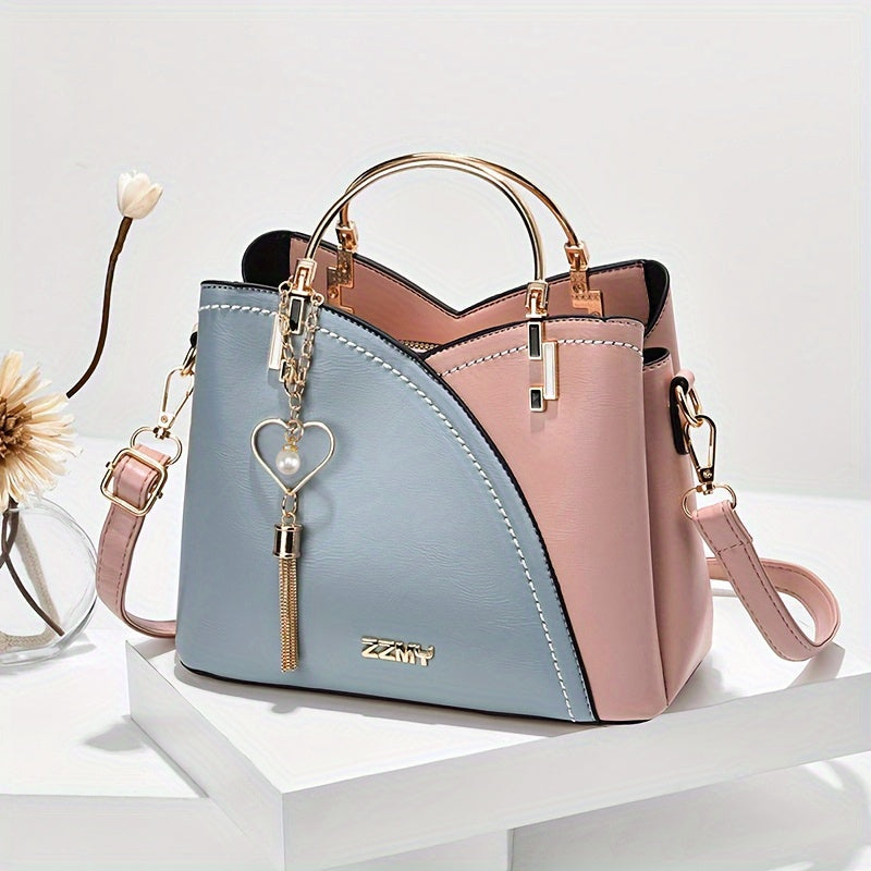 Women color block structured tote crossbody bag with detachable strap in bold contrast hues