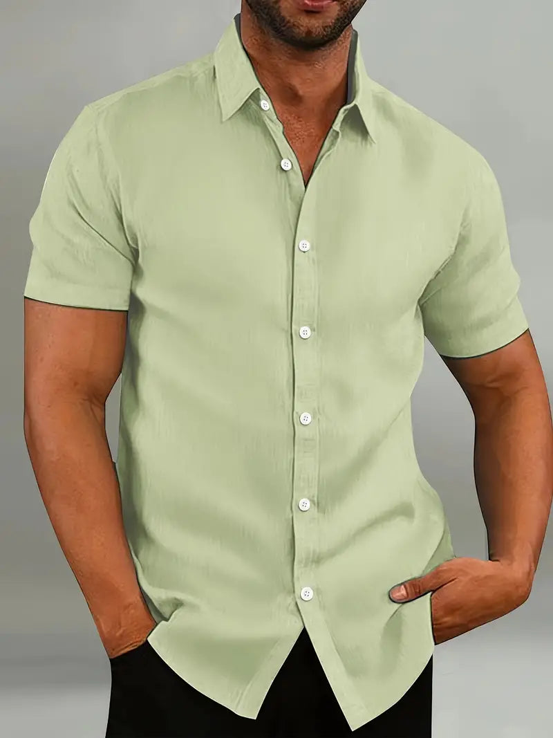 Men's casual short sleeve button-down shirt lightweight breathable fabric warm weather relaxed fit