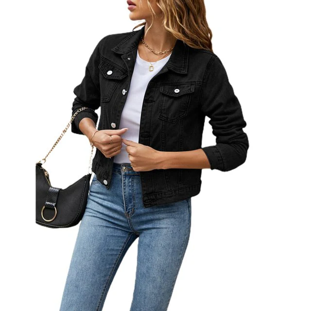 Women's cropped denim jacket slightly fitted silhouette with classic front button closure for everyday wear