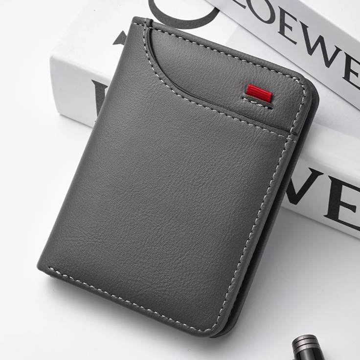 Slate vertical slim card holder wallet with clear ID window and cash sleeve for everyday carry