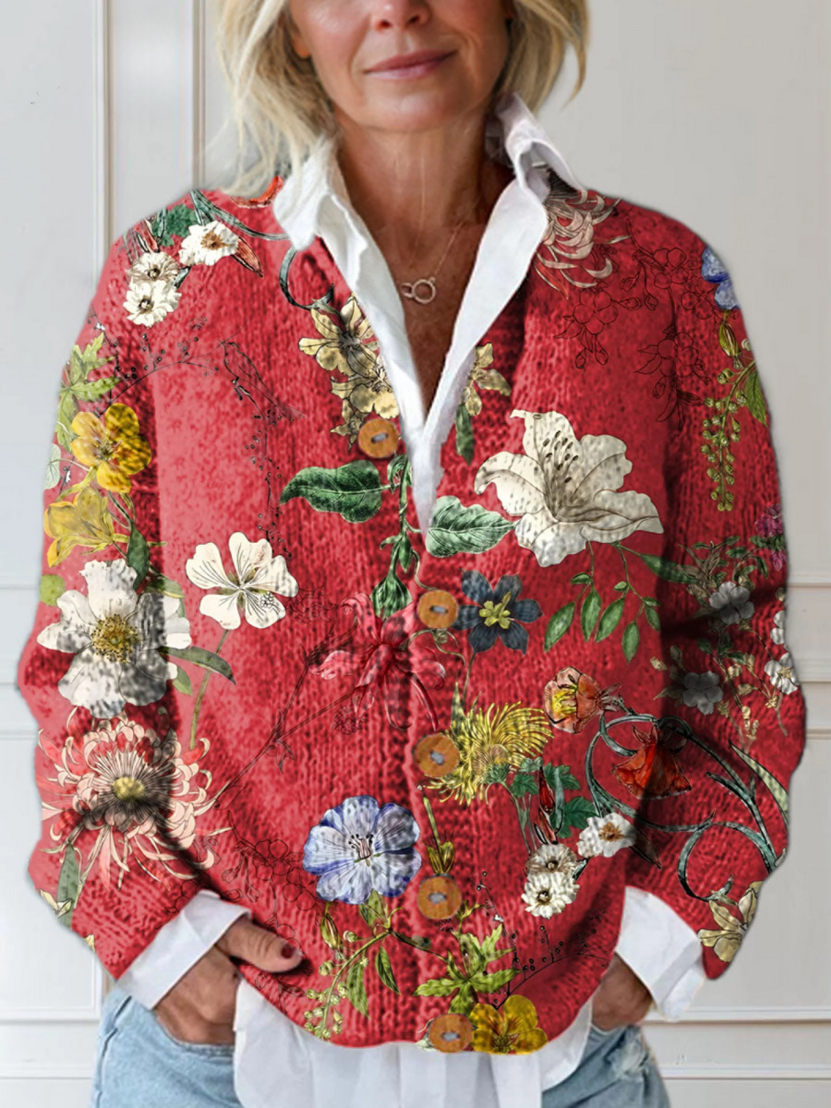 Women's floral print soft knit cardigan relaxed fit button-up lightweight layering piece with vibrant all-over floral pattern