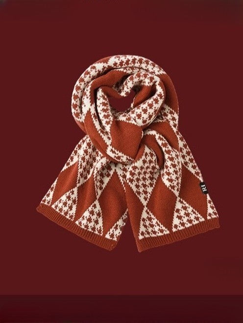 Women's red Christmas knitted scarf geometric elk pattern retro holiday style soft warm gift