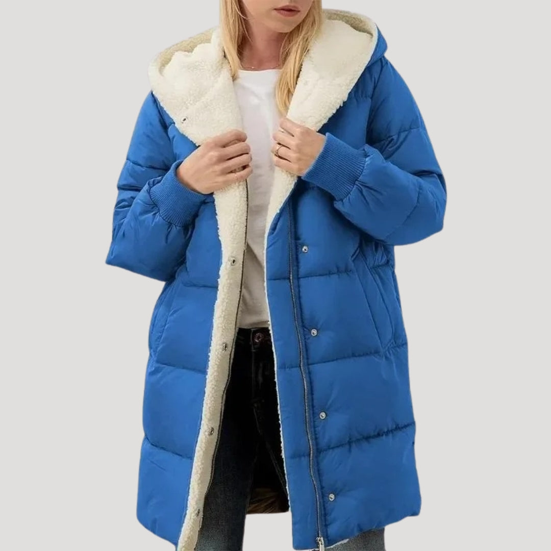 Women's lightweight hooded puffer coat in neutral tone, slim flattering fit with padded insulation