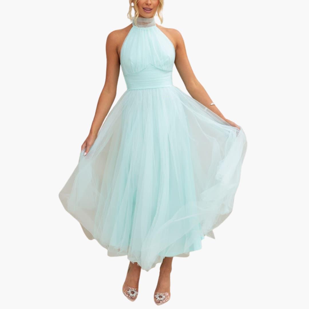 Women's black tulle halter neck maxi gown with elegant layered skirt for formal occasions