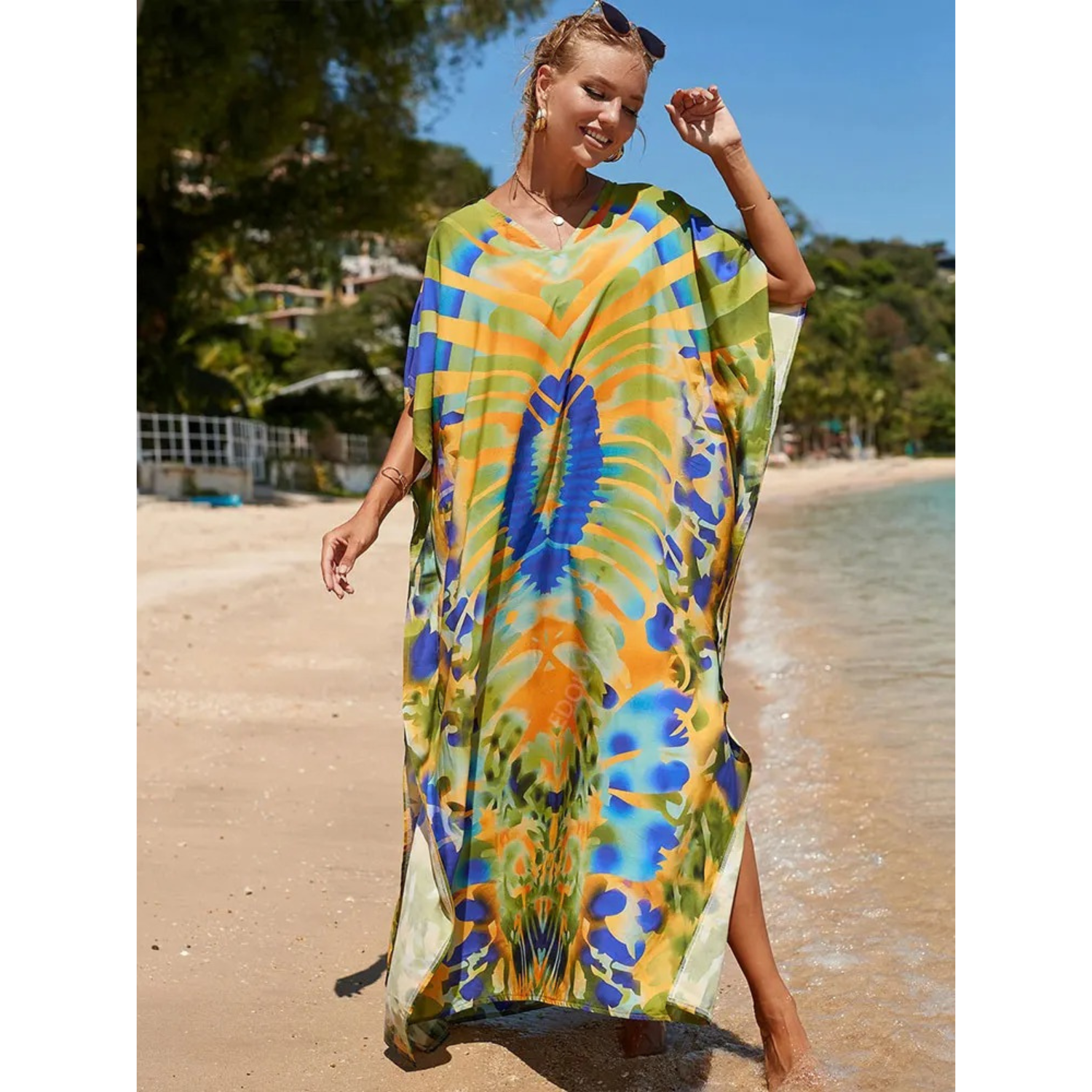 Women's light airy kaftan loose fit V-neck beach cover-up bohemian style vacation-ready