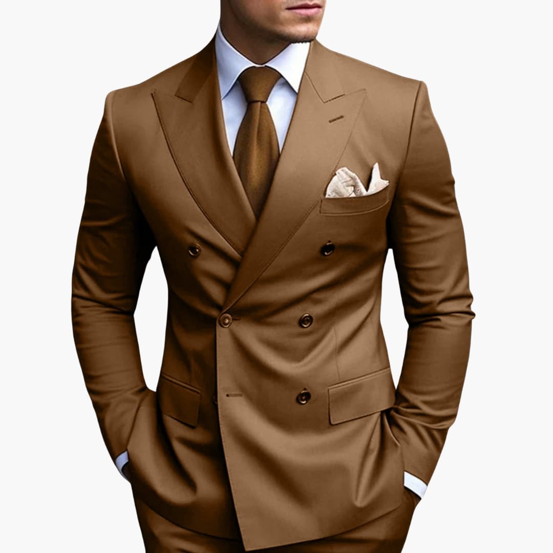 Men's black double-button-row suit set with notched lapels and straight-leg pants tailored fit