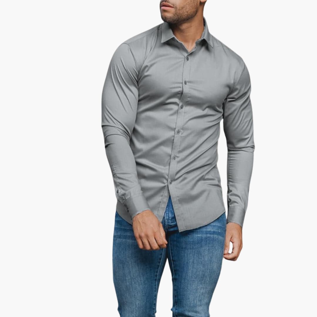 Men's slim fit dress shirt structured silhouette versatile office casual wear stretch fabric