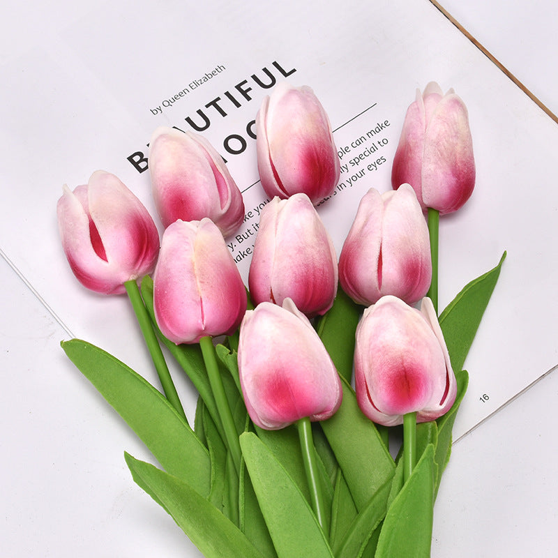 Yellow artificial tulip bouquet with realistic green leaf detailing and soft-touch lifelike petals