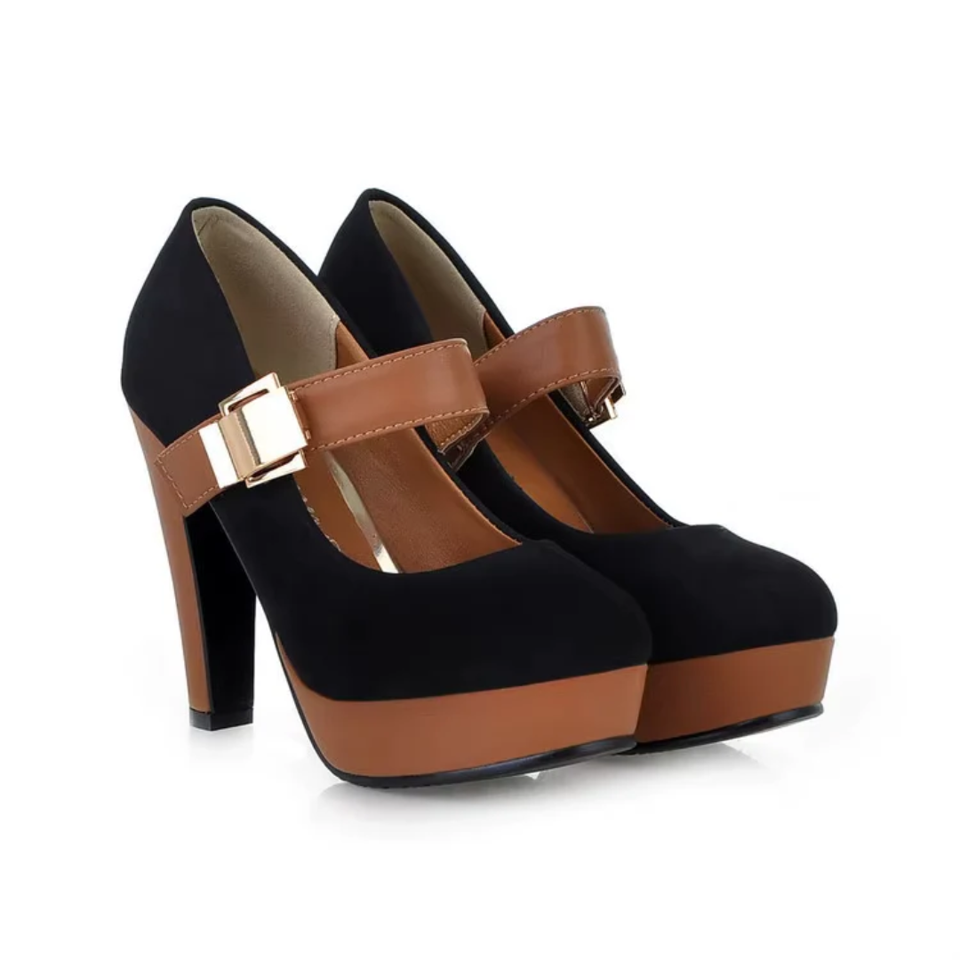 Women's suede block heel pump in neutral tone with gold buckle accent and cushioned non-slip sole