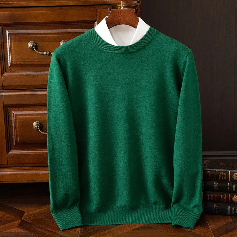 Men's camel cashmere O-neck sweater tailored fit dense knit ultra-soft breathable warmth
