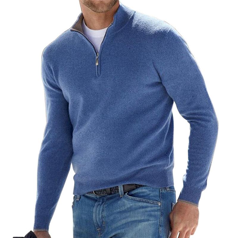 Men's light gray half-zip knit pullover sweater with adjustable collar, slim fit layering essential