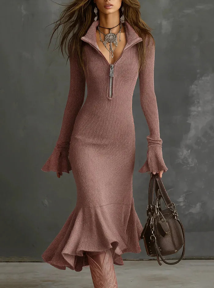 Zaria ribbed knit flare dress with mermaid hem, zip neckline, body-skimming silhouette for women