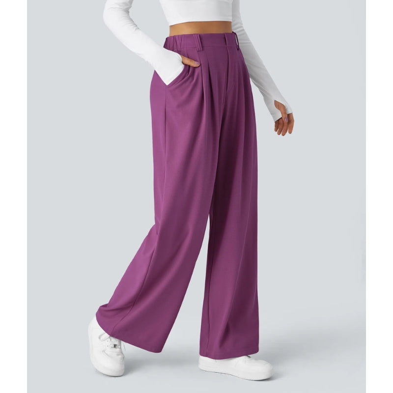 Women's high-waisted waffle knit wide-leg pants relaxed fit stretch workwear trousers