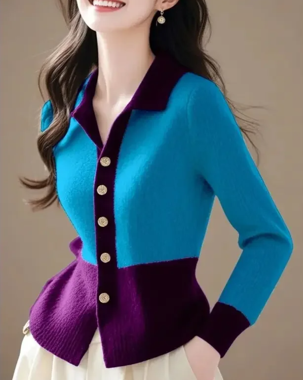 Women's structured contrast cardigan cotton-blend knit fitted silhouette gold-tone buttons