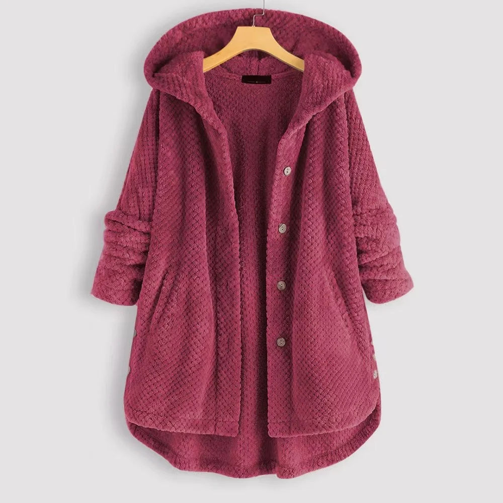 Oversized unisex Nordic fleece hooded jacket in neutral tones with button-front pockets