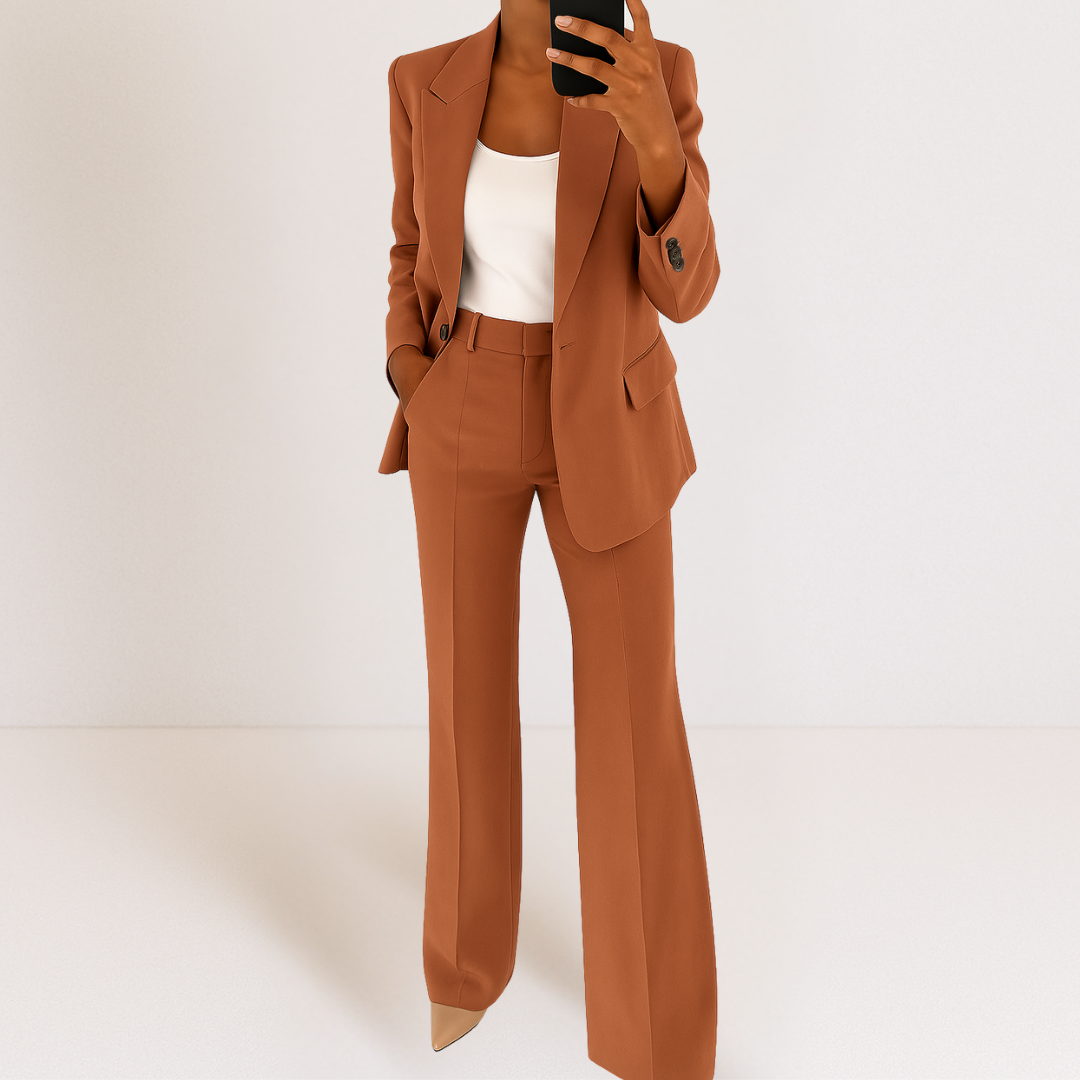 Women's black two-piece suit lightweight stretch polyester oversized blazer straight-leg trousers