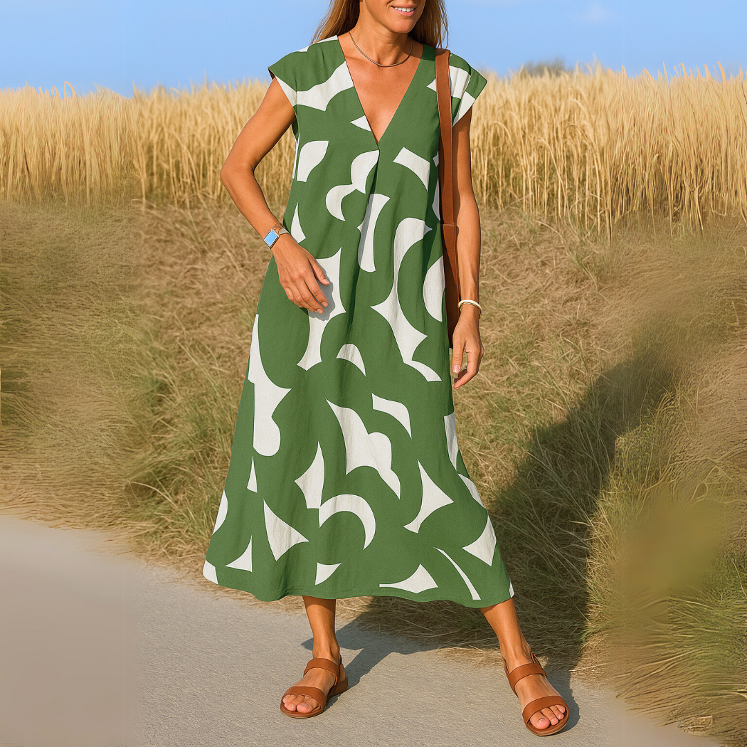 Women's abstract print midi dress, V-neck sleeveless cut with shaping pleats, breathable warm-weather style
