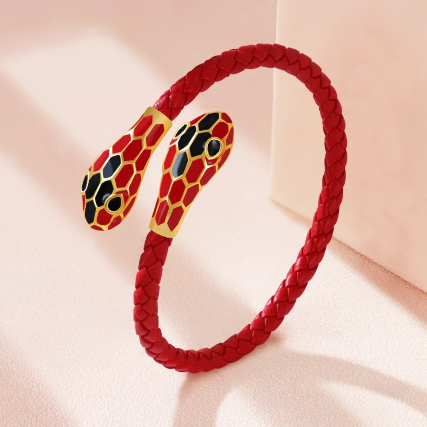 Bold copper leather bracelet with twin serpent heads, honeycomb enamel finish, open cuff design for men