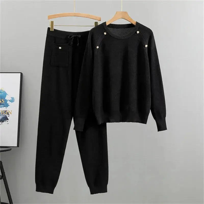 Women's cozy pearl-accented knit lounge set two-piece sweater and joggers with drawstring waist