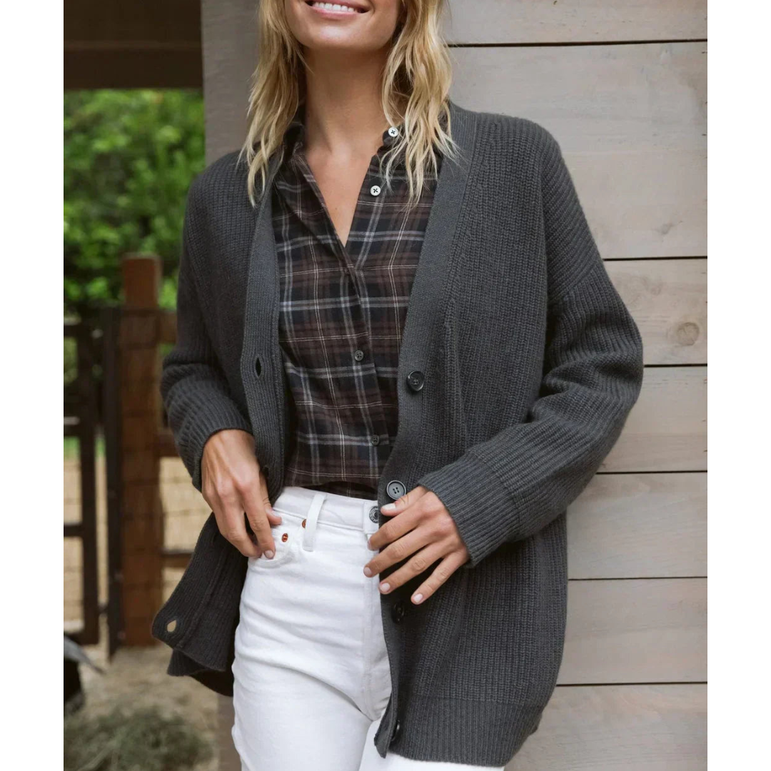 Women's long knitted cardigan relaxed fit ribbed texture V-neck button closure layering essential