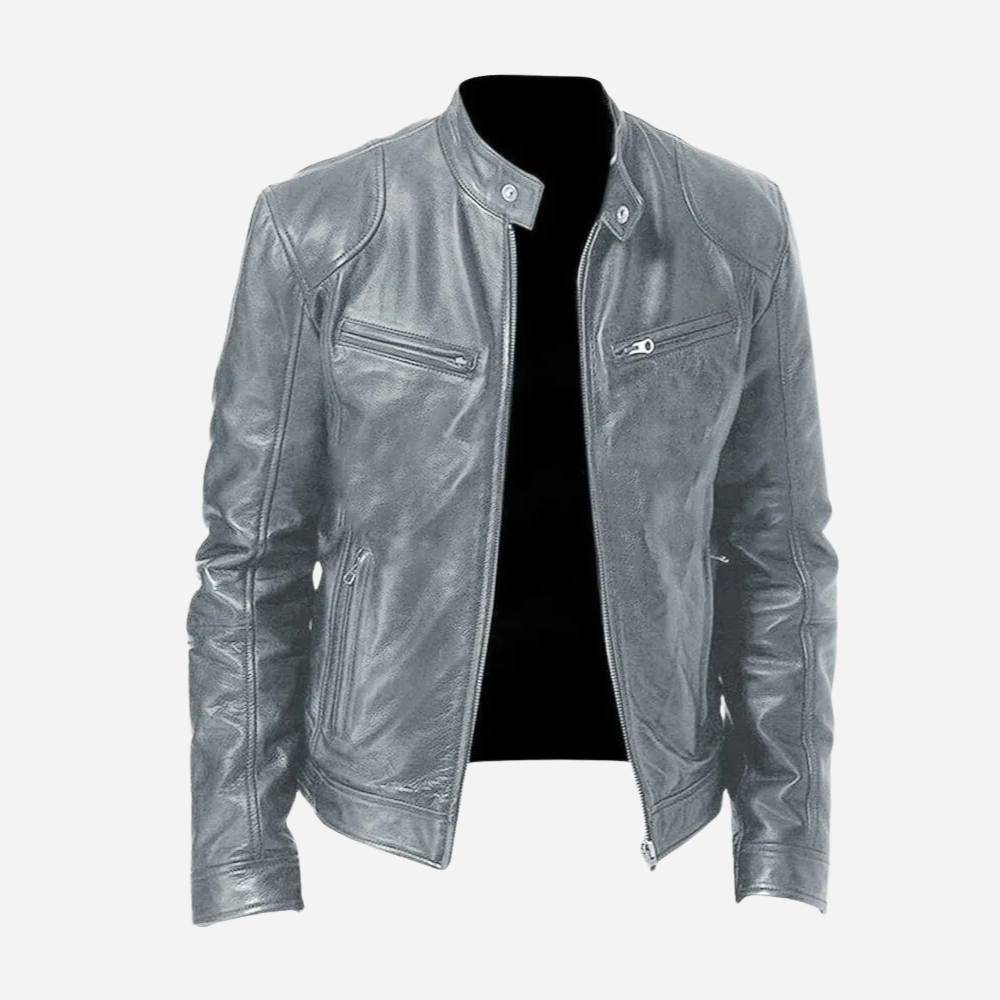 Men's genuine leather slim fit biker jacket in black with snap-tab collar and zipper closure