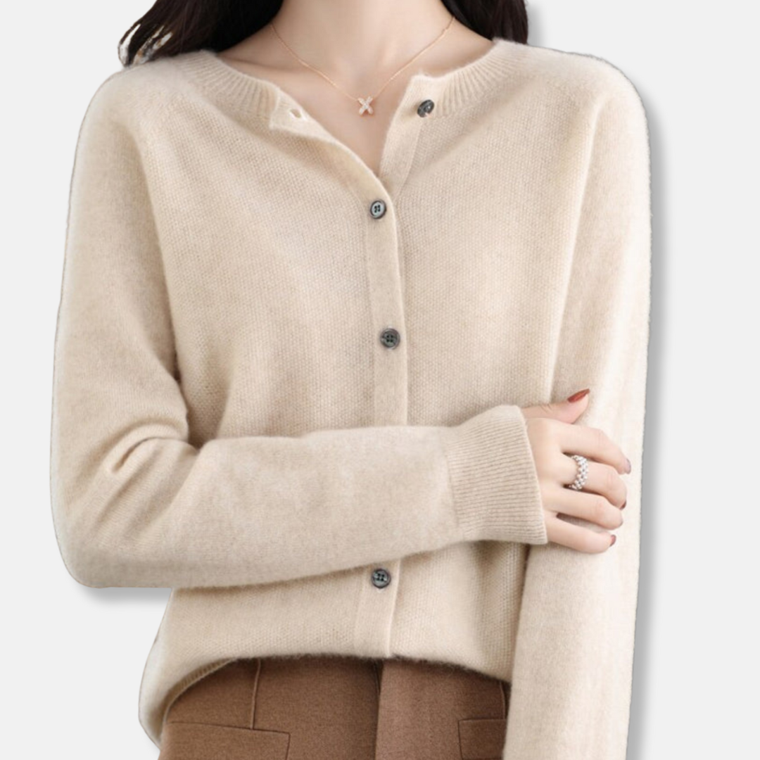 Women's ivory merino wool cardigan regular fit button-front ribbed knit soft luxurious sweater