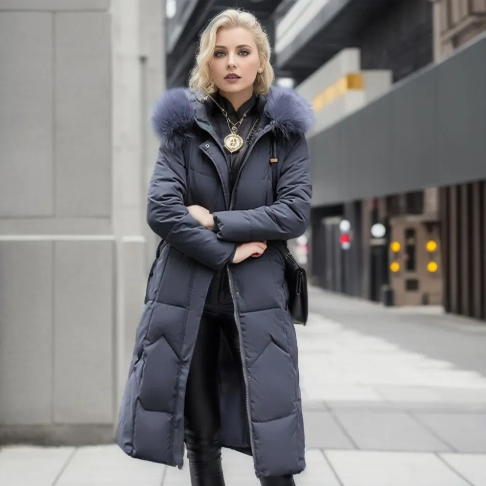 Women's winter quilted coat with hood trim, cozy warm everyday style, modern silhouette
