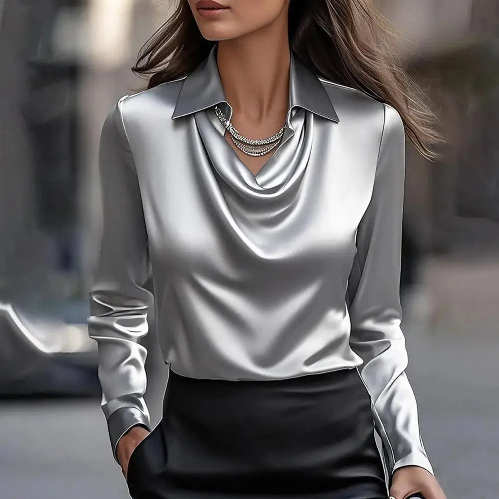 Ivory satin blouse silk-cotton blend sculpted cowl neckline lustrous finish office-to-evening professional style