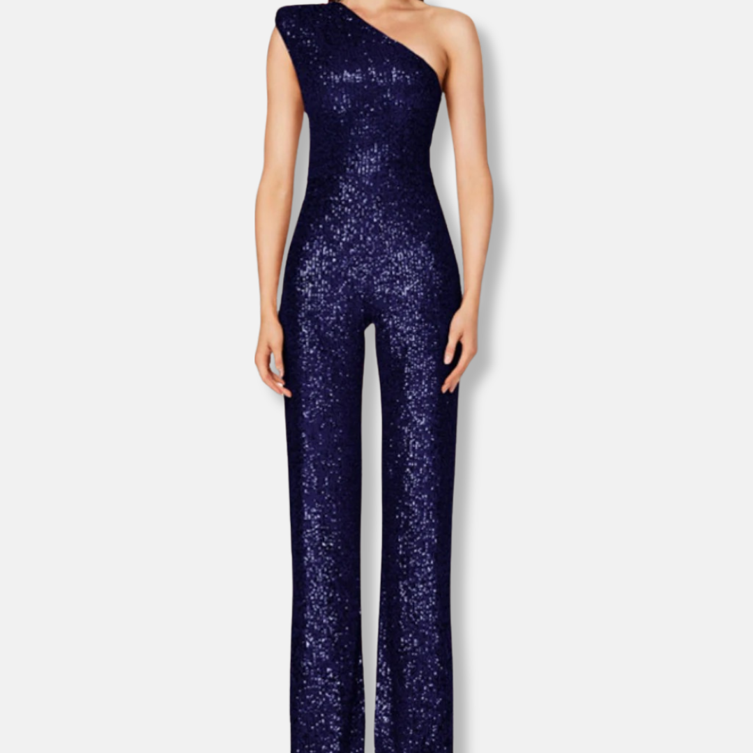 Women's silver sequined one-shoulder wide-leg jumpsuit sleeveless glamorous eveningwear silhouette