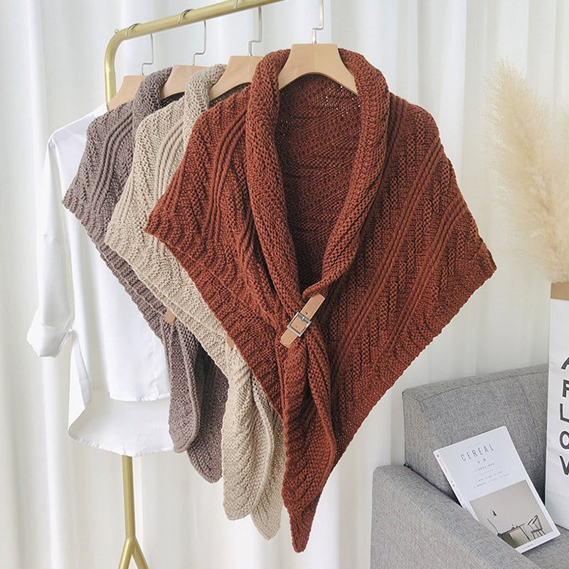 Women's triangle knitted cashmere-blend plaid shawl wrap with leather loop closure, luxuriously soft