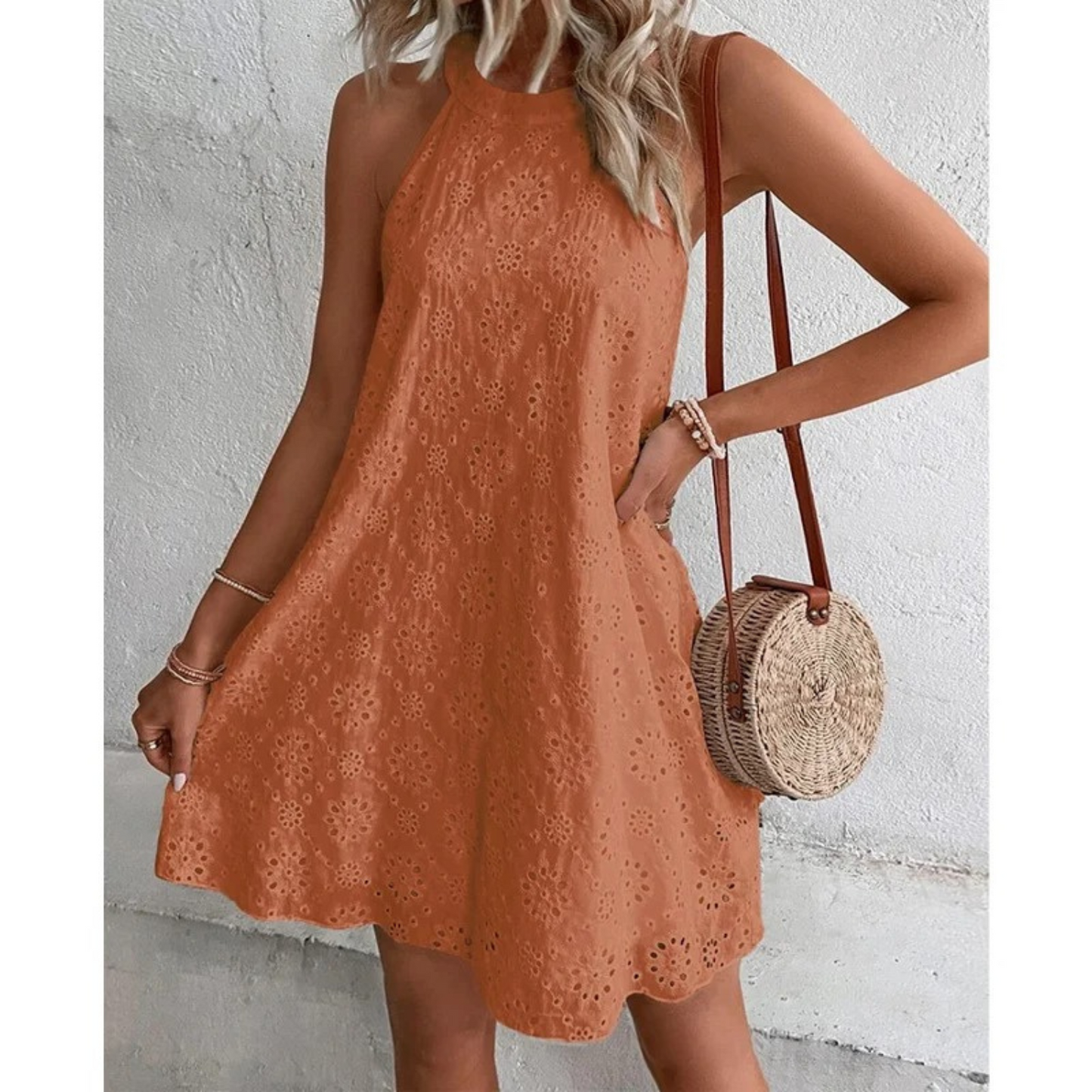 Sleeveless halter A-line dress with intricate embroidered lace detail, lightweight feminine summer style